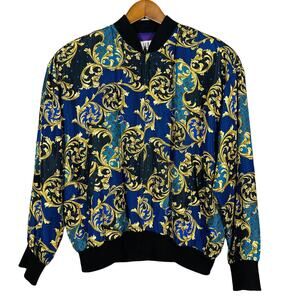 Vintage 80s SLB 100% Silk Bomber Jacket Full Zip Jacquard Checker Nanny Art - L